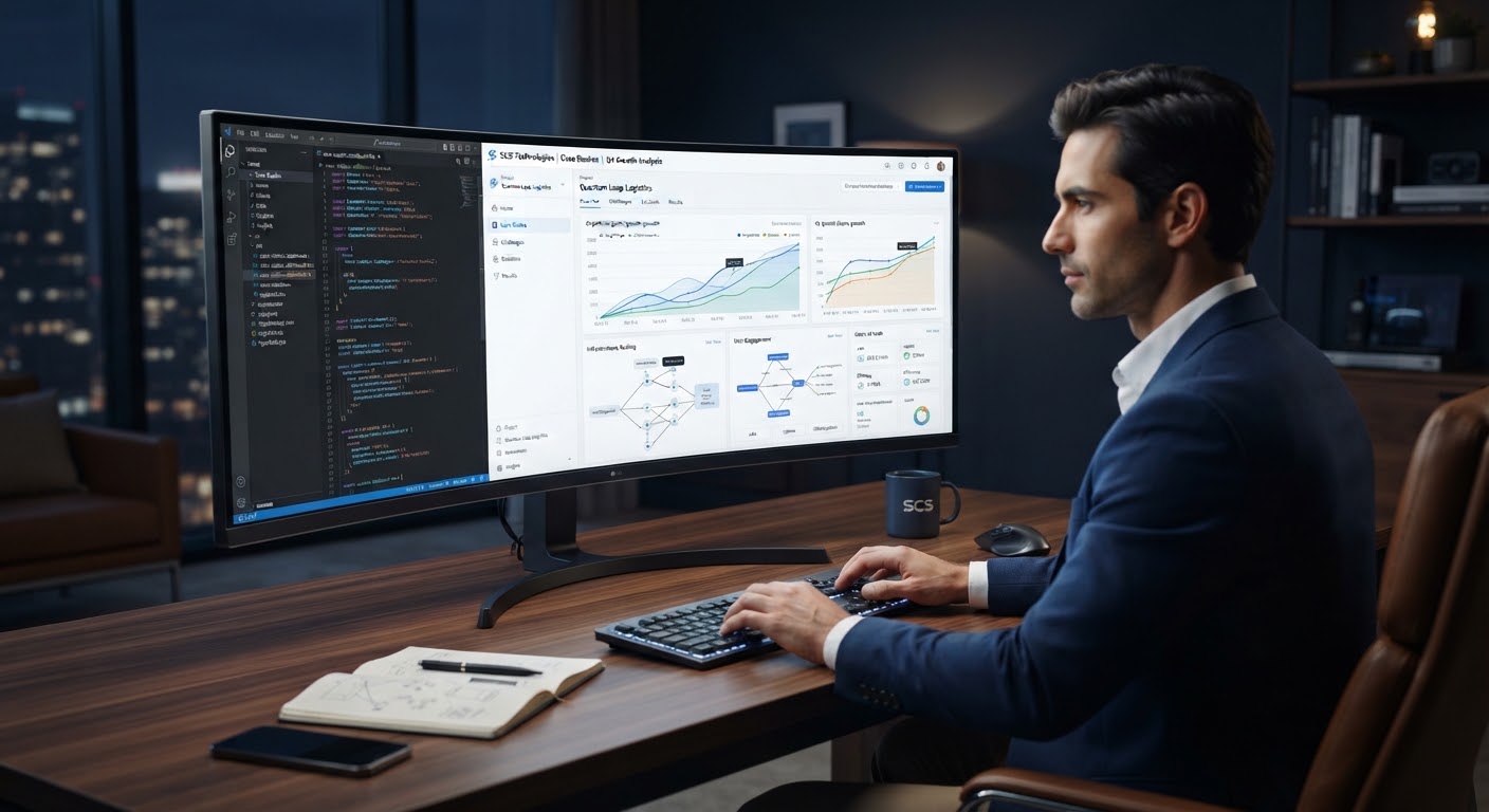 Illustrative image: a developer workstation with dashboards on screen