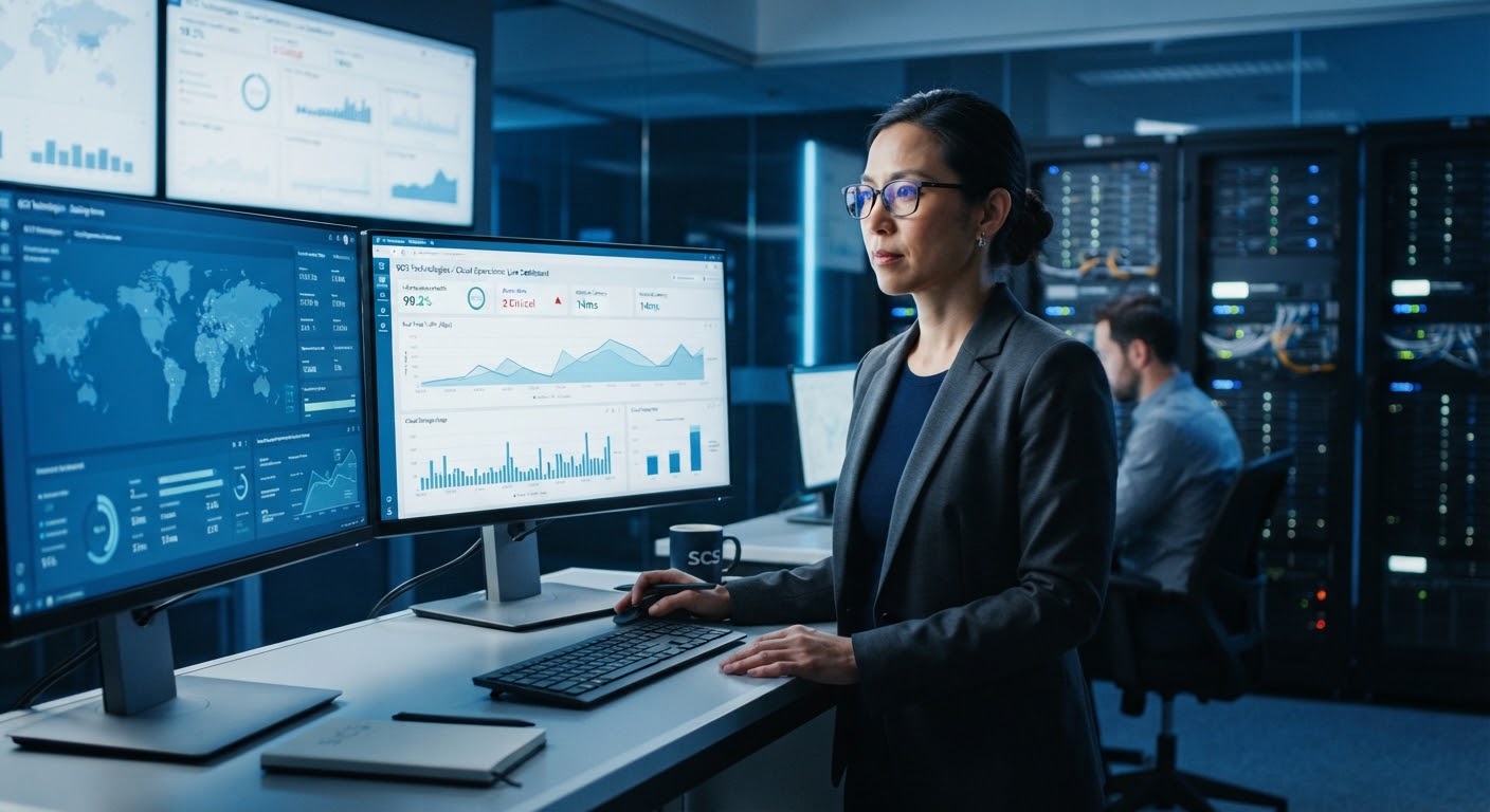 IT leader monitoring real-time cloud dashboards across several screens