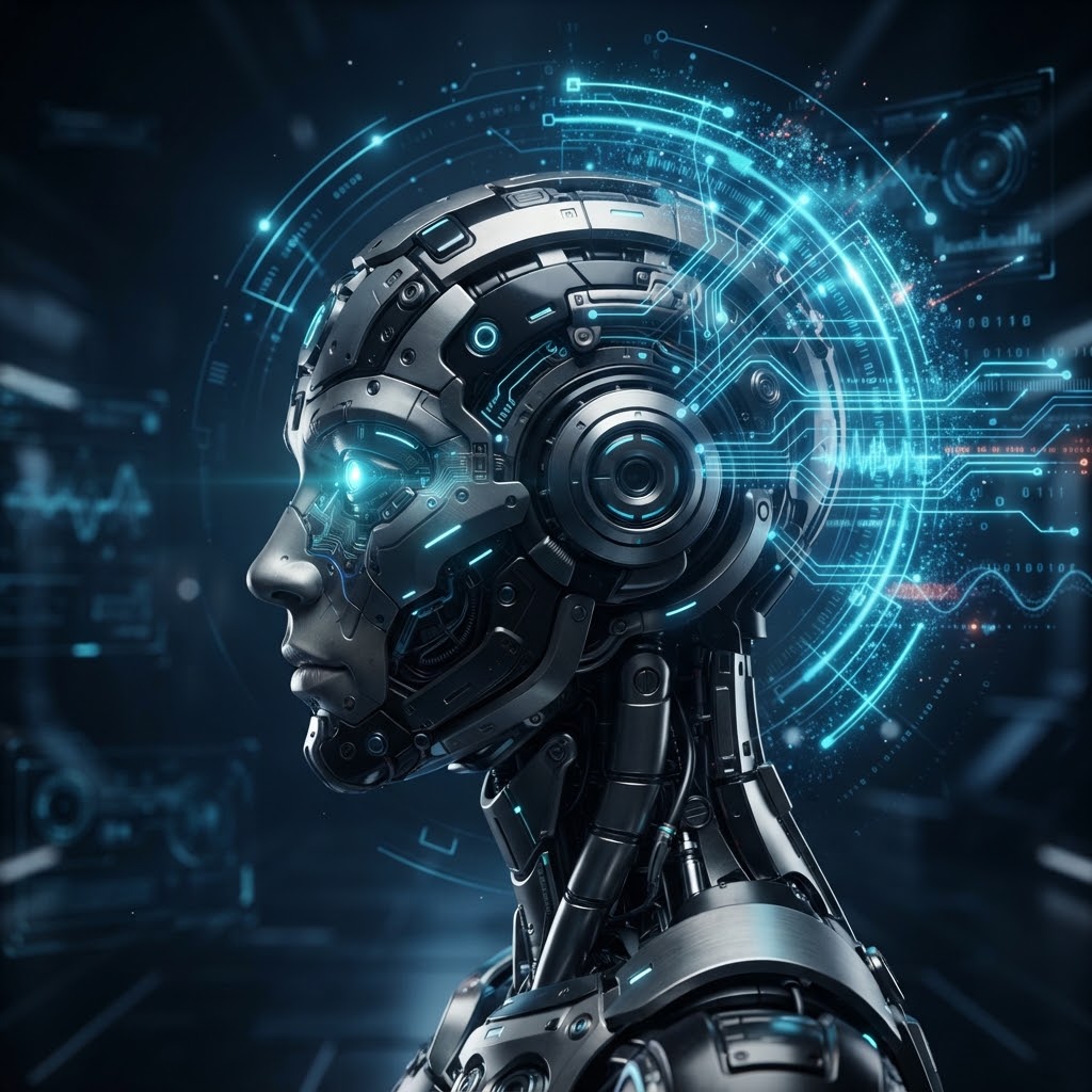 Robotic AI head surrounded by glowing blue data circuits