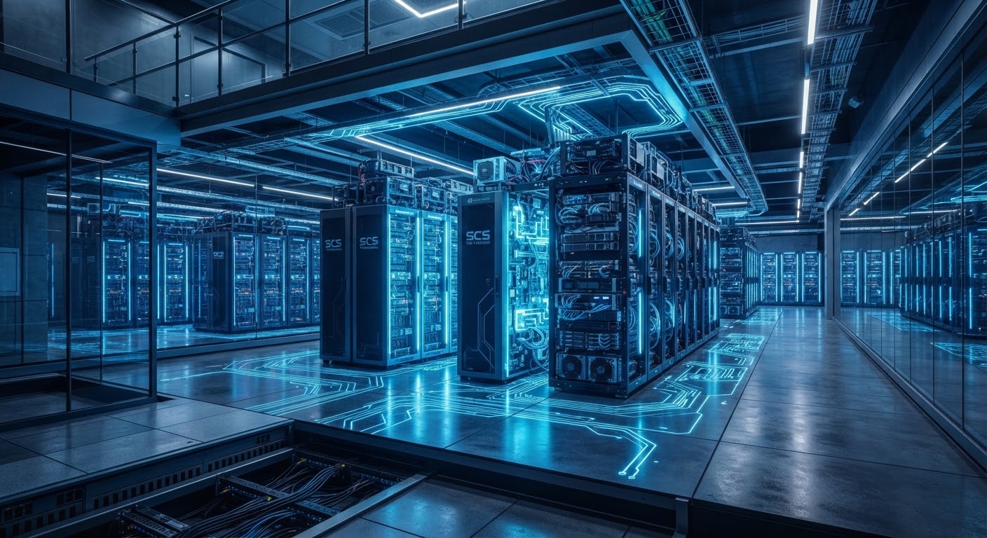 Blue-lit microchip computing cluster with dense server circuitry