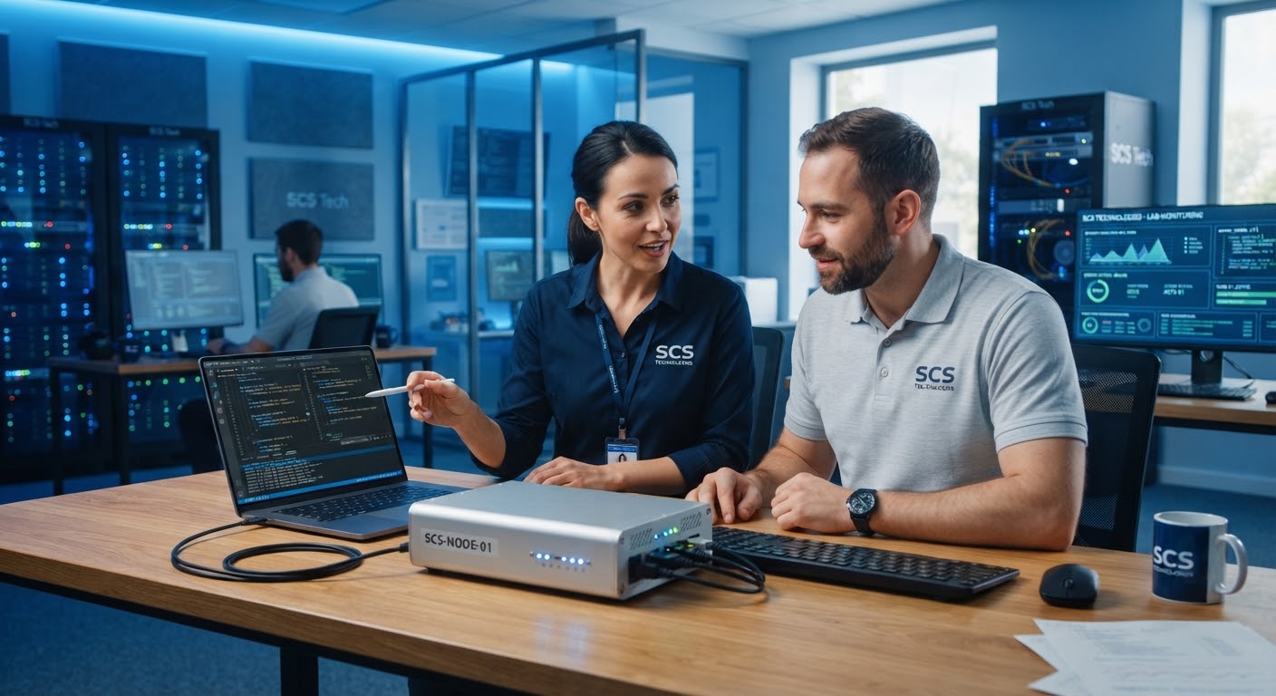 Two engineers discussing a server deployment at a workstation