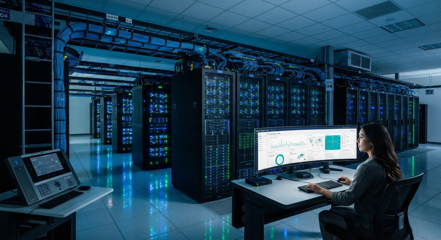 Enterprise data center with rows of illuminated server racks