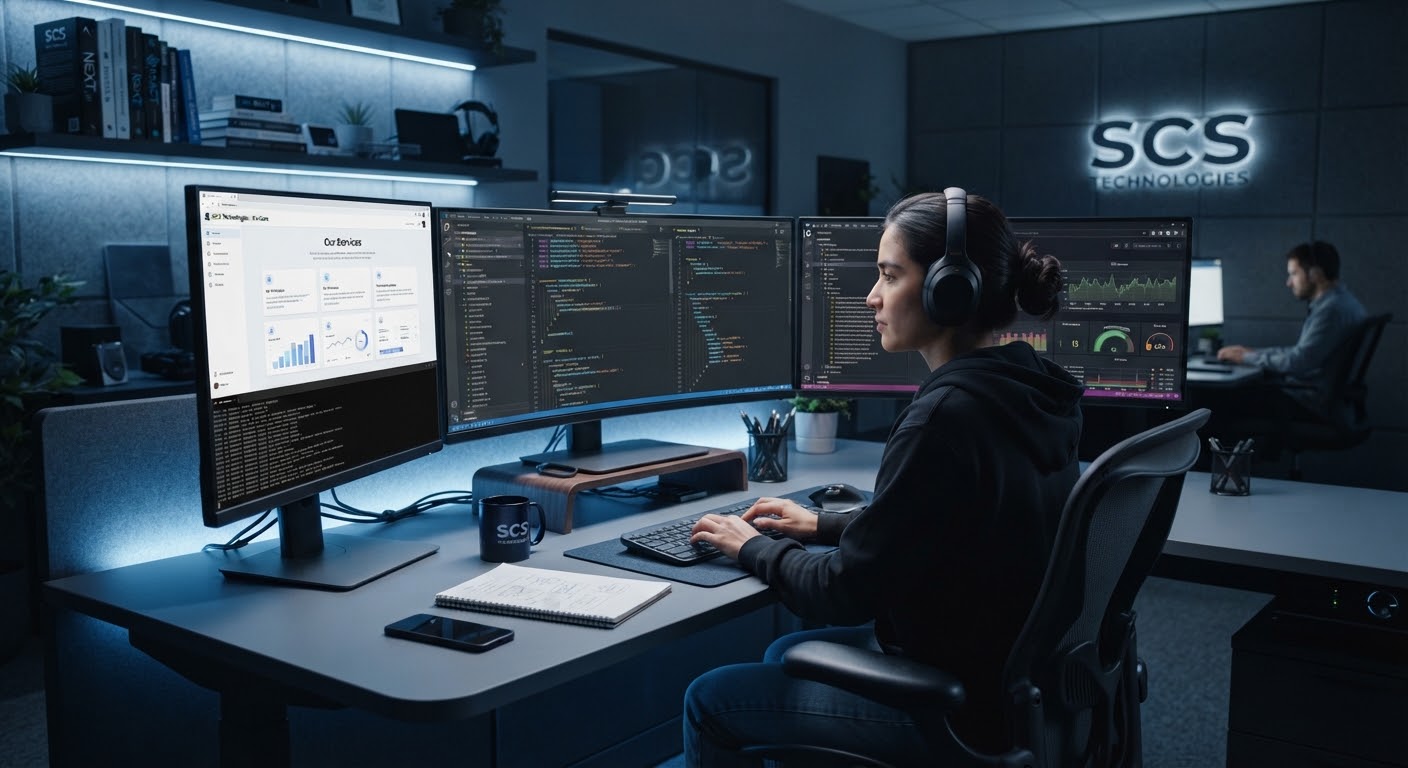 Developer workspace with monitors showing React and Next.js code and UI components