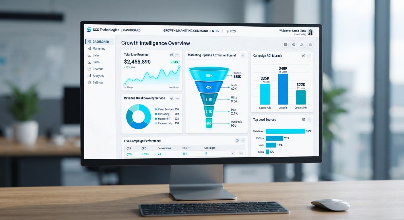Marketing analytics dashboard showing revenue, funnel and campaign metrics
