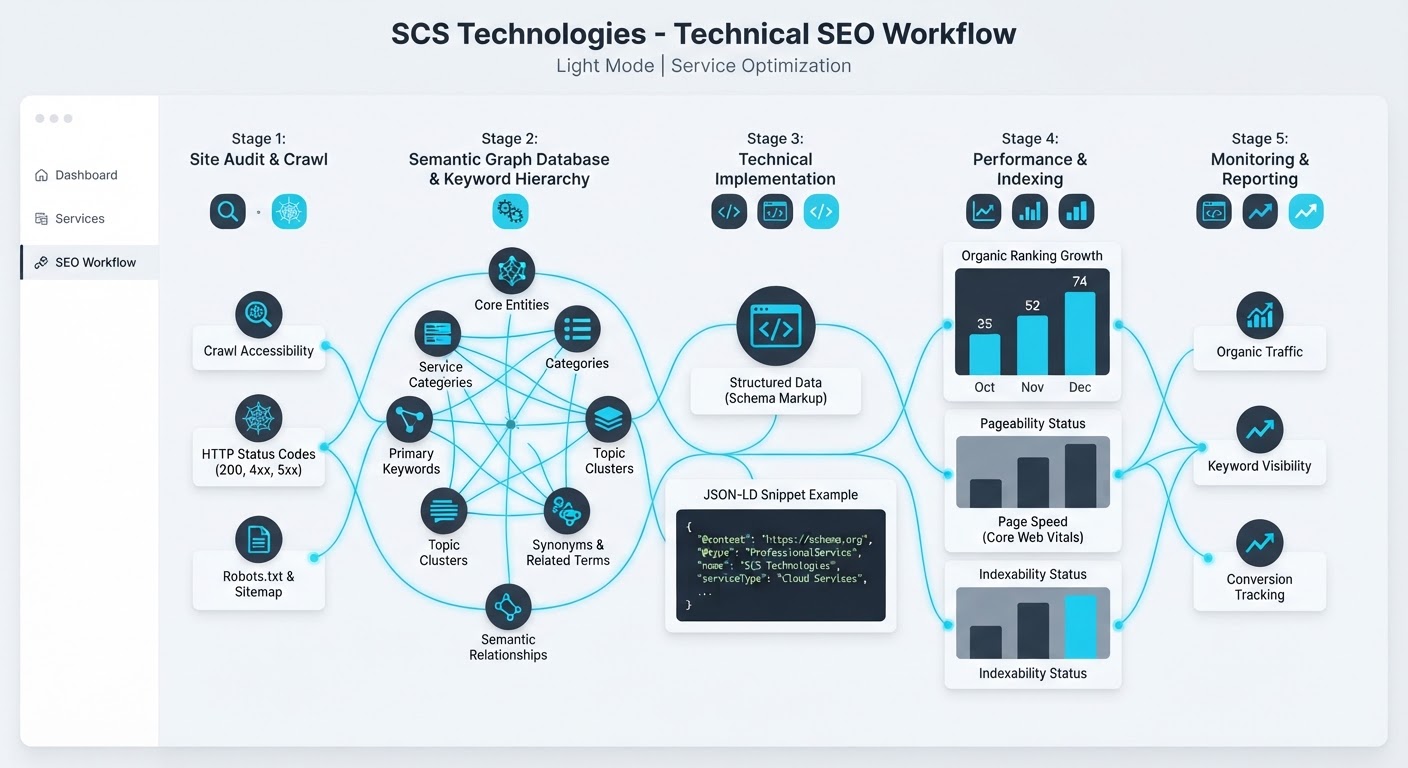 Technical SEO workflow diagram with keyword clusters and site architecture